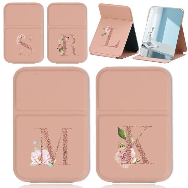 Fold Desktop Handheld PU Travel Makeup Portable Leather Anti Slip Pocket Mirror Rose Gold Letter Pattern