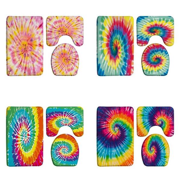 3 Bohemian Bathroom Carpet Set Tie Dye Hippie Bath Mat Spiral Rainbow Psychic Door Mat Anti Slip U-shaped Carpet Toilet Lid M240829
