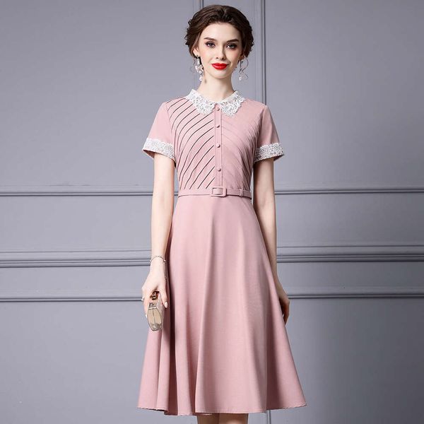 Elegant and Gentle Style Large Swing Skirt with Hollowed Out Embroidery Lapel Pleated Waist Short Sleeved Dress Summer 2024 New Item High Wa