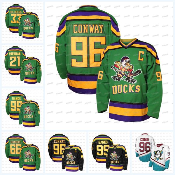 In Stock 1996 Mighty Ducks Hockey Jerseys 96 Charlie Conway 99 Adam Banks 33 Greg Goldberg Movie Hockey Jersey 100% Stitched Fast Shipping