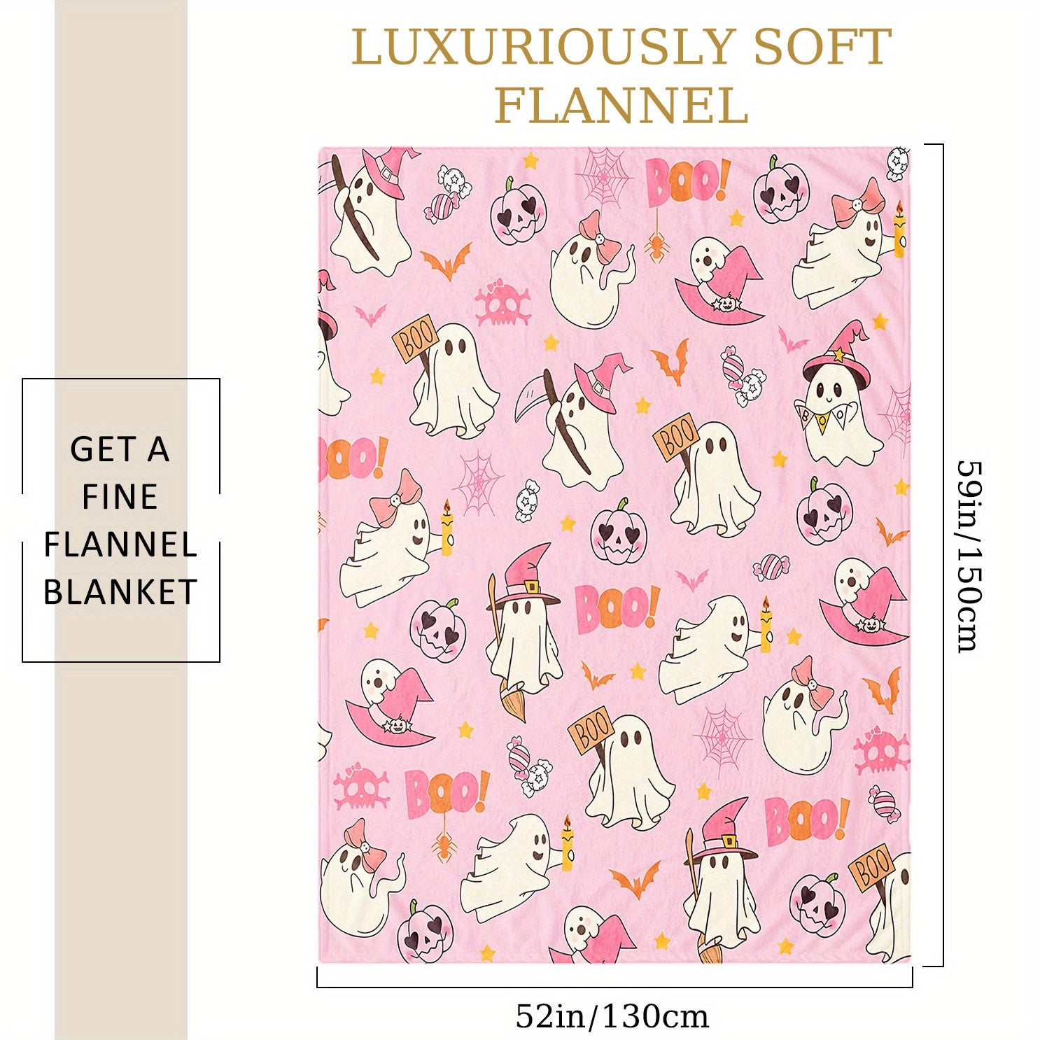 TEMU 1pc Halloween Flannel Blanket - Soft & Comfortable Throw With Cute , Pumpkins, & Candy Decorations, Hat & Bat Print, Pink Background, Bed, Sofa,
