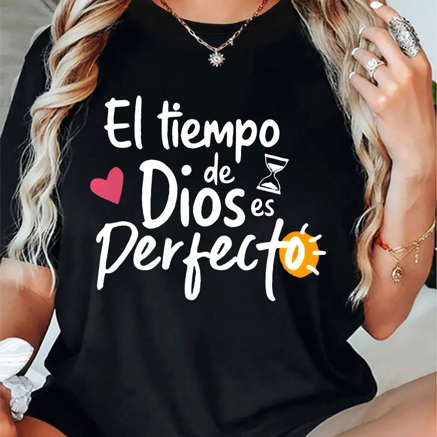 TEMU Women's Casual Crew Neck T-shirt - Soft Knit Fabric, , Machine Washable, Black With Inspirational Quote "el Es " And Decorative Hearts & Sun