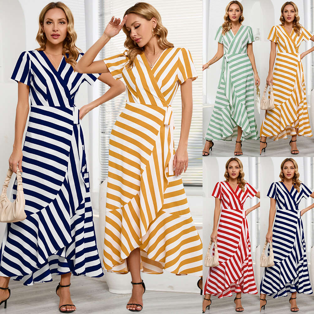 Fashion Slim Fit Temperament Stripe Swing 2024 Summer Women&#039;s Large Irregular Dress