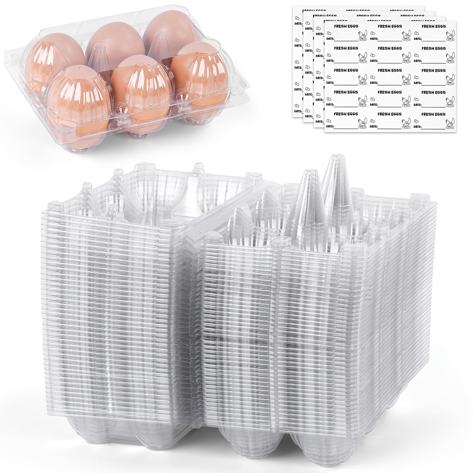 TEMU 60pcs Plastic Egg Cartons, 6-cavity Bulk Clear Plastic Egg Holders With 4 Labels Sticker, For Commercial Market Display, Father's Day Gift,