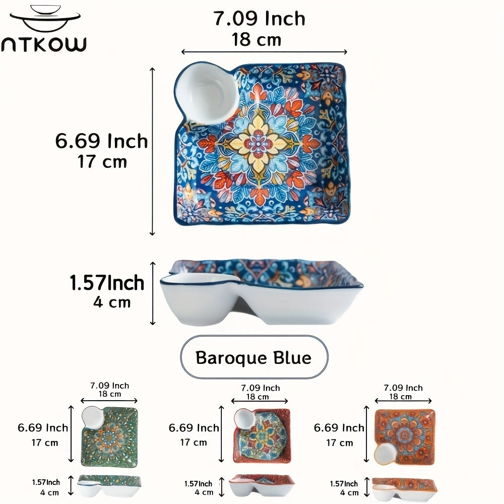 TEMU Ntkow Bohemian Ceramic Set (7.5 Inches) Creative High-gloss Gridding, Dumplings, Sushi, Breakfast, Fruit Plate, Can Put Food And Dip At Time, :