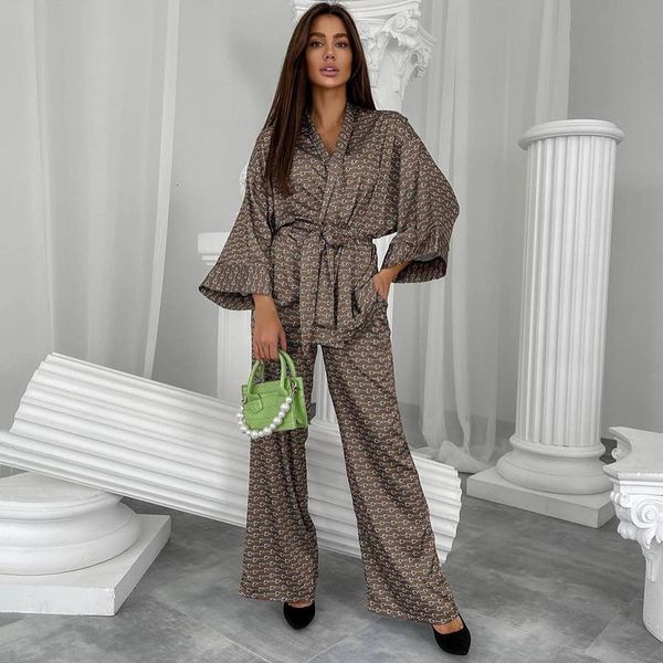 Fashional Print Women&#039;s Pama Set Long Sleeve Laides Kimono And Pant Sleepwear 2 Pieces Suit Autumn Homewear For Female