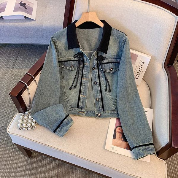 Womens China button denim jacket with contrasting transit collar loose retro jacket autumn streetwear 240826