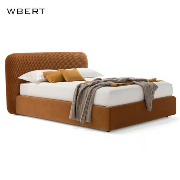 WBERT Italian Modern Check Fabric Padded Comfortable Backrest Double Bed Soft Wooden Frame Household Bedroom Furniture sets