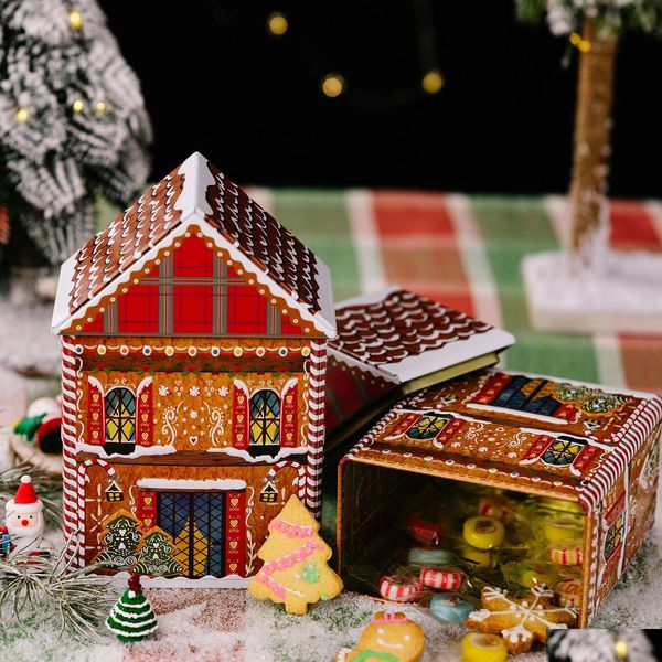 Christmas Decorations House Shape Gingerbread Man Candy Cookie Box Kids Biscuit Candies Chocolates Gift Large Capacity Tin Drop Deli Dhgu1