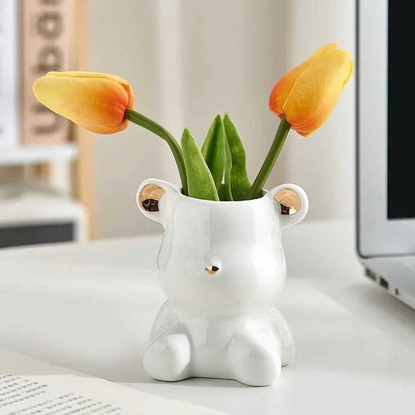 Aesthetic Bear Ceramic Vase Office Decoration Home Flower Plant Pots Garden Living Desktop Interior Ornament Home Decoration Y241227
