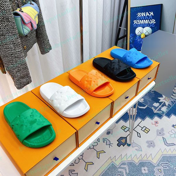 With Box Slippers Designer Sandal Waterfront Embossed Mule Rubber Slide Beach Sandals Men Women White Orange Black Green Olive Summer Shoes