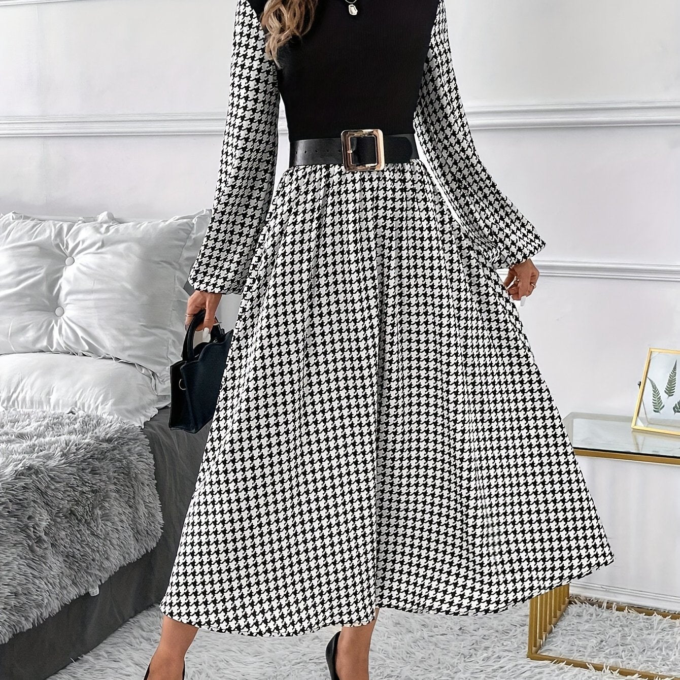 TEMU Elegant Midi Dress - Long Sleeve, High Neck, Flowy A-line Skirt, Black & White Pattern, Spring-summer-fall, Adult Women's Fashion, Versatile