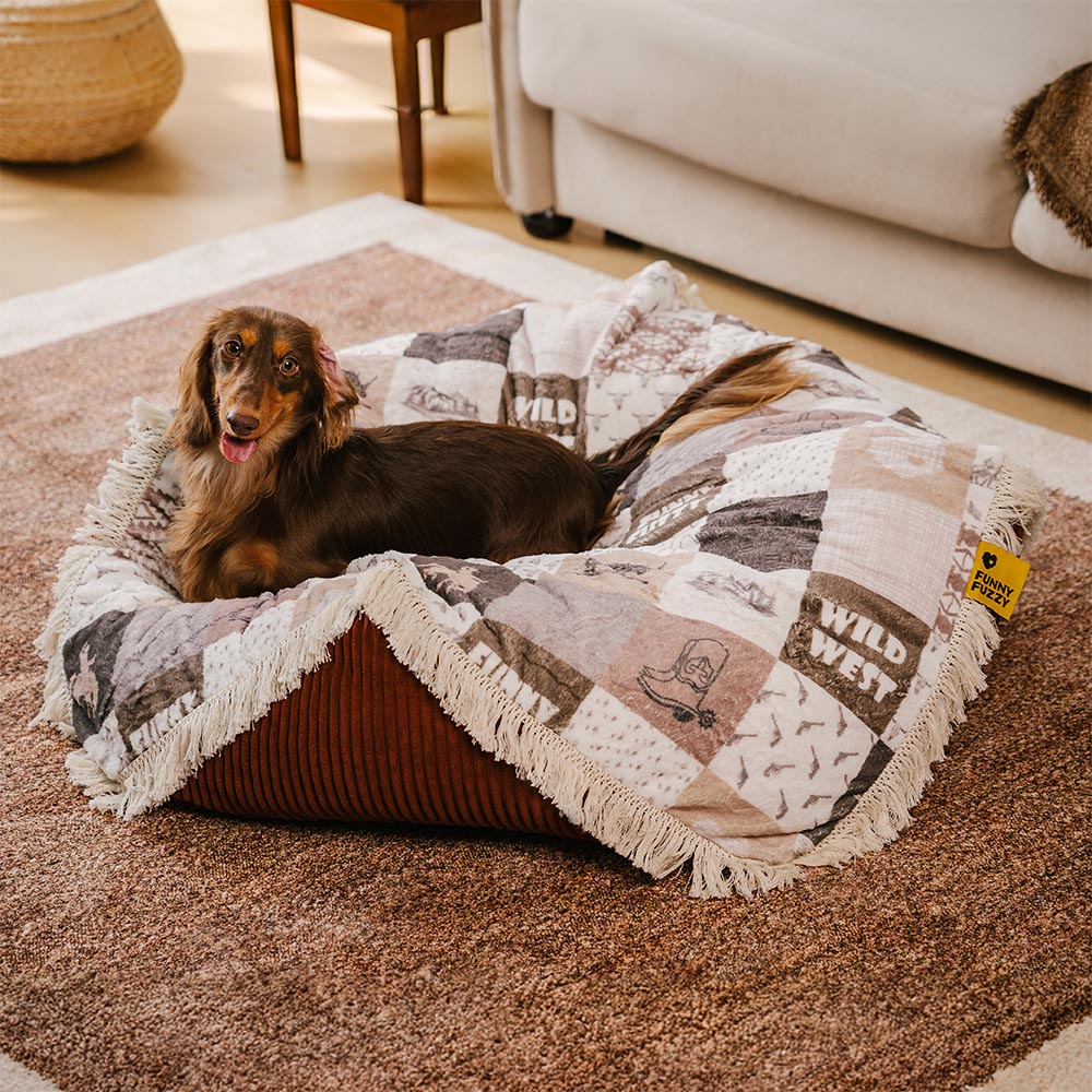 Washable Anti-Scratch Boho Tassel Calming Round Dog Bed - Hunter Night, Brown - L