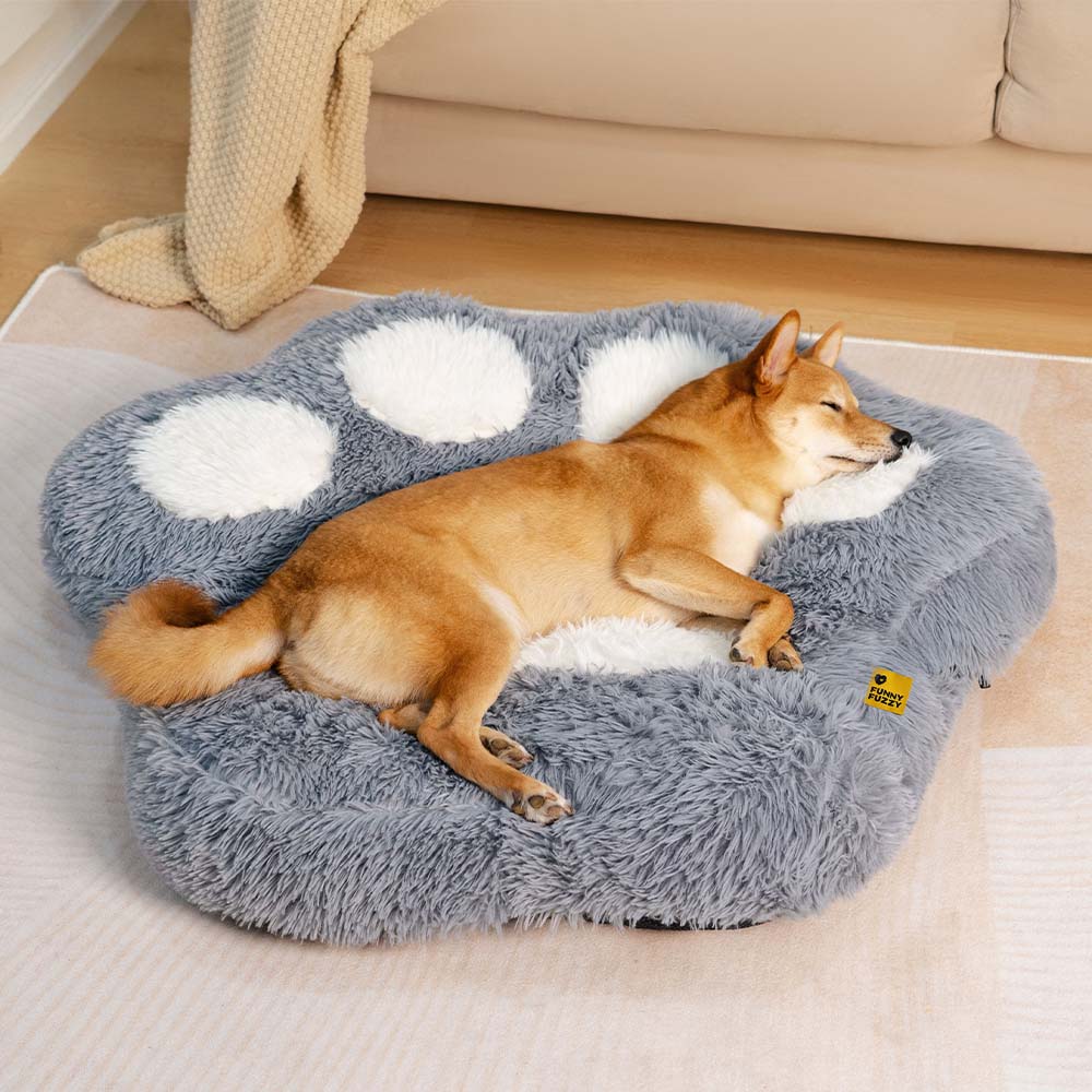 Washable Fluffy Non-Slip Cozy Dog Bed-Paw Spot, Grey - S