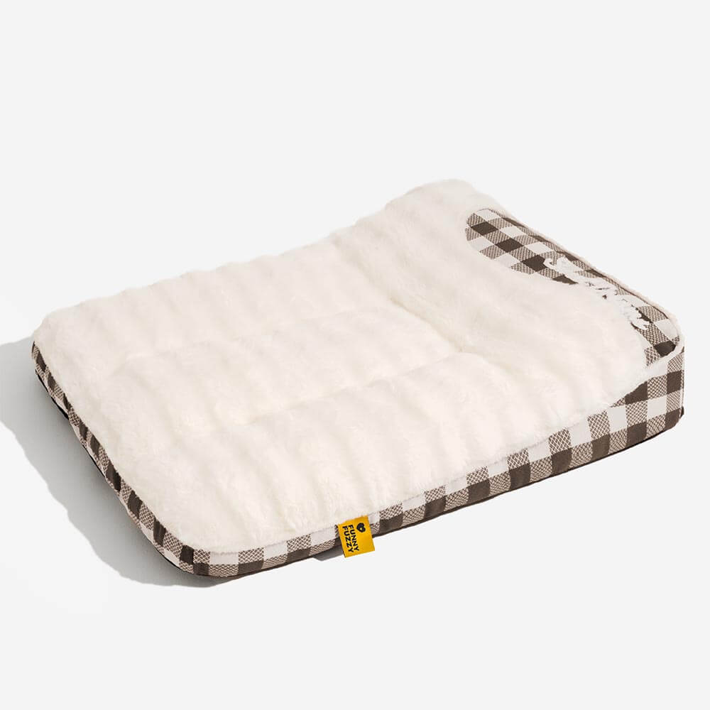 Large Classic Check Headrest Rectangle Calming Dog Bed - Dreamy wave, Brown - M