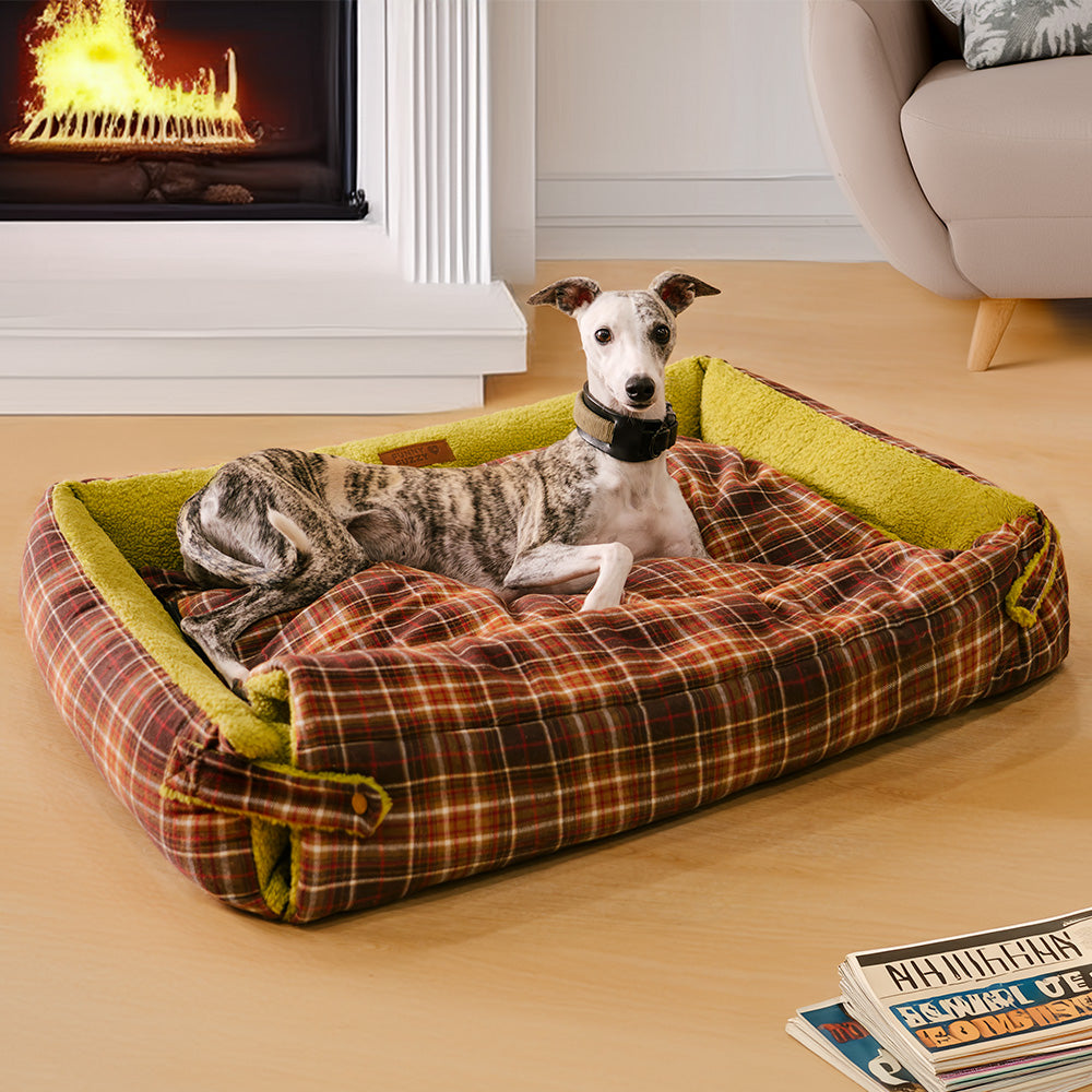 Large Washable Vintage Tartan Folding Blanket Dog Beds - Avocuddle, Avocado Green - L