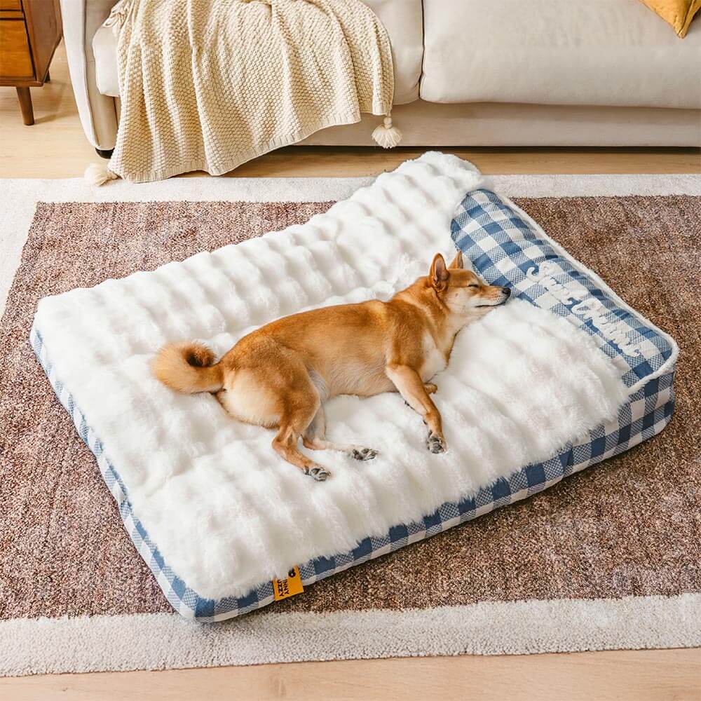 Large Classic Check Headrest Rectangle Calming Dog Bed - Dreamy wave, Blue - S