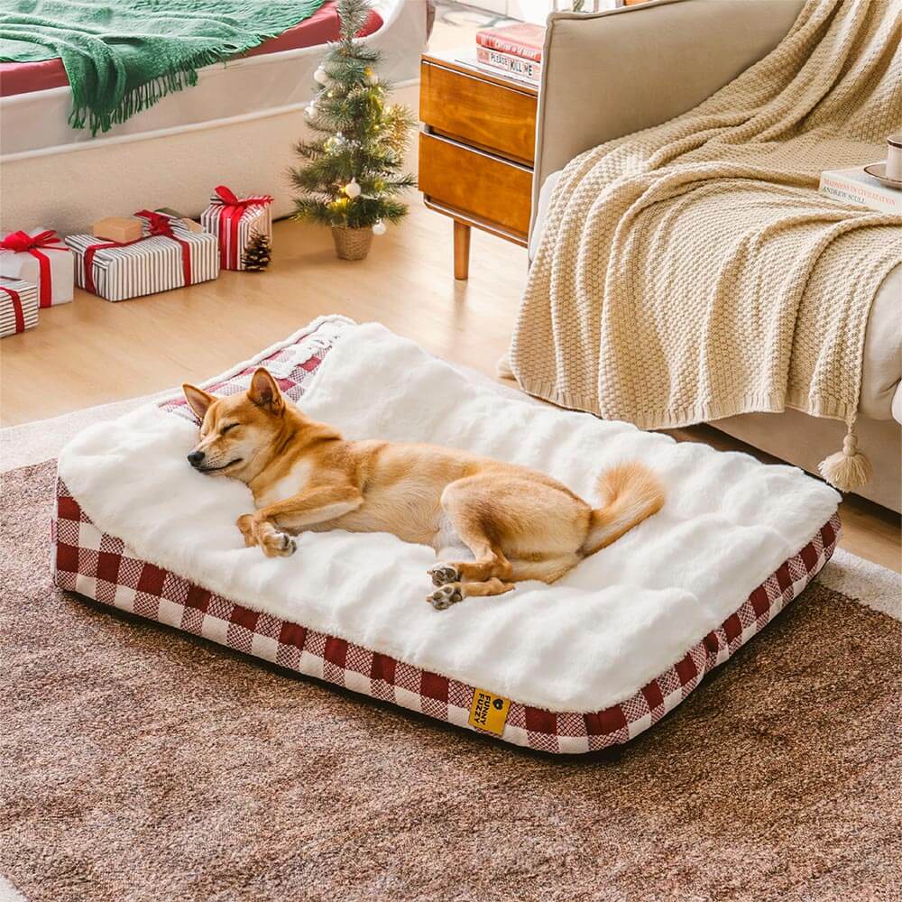 Large Classic Check Headrest Rectangle Calming Dog Bed - Dreamy wave, Red - XL