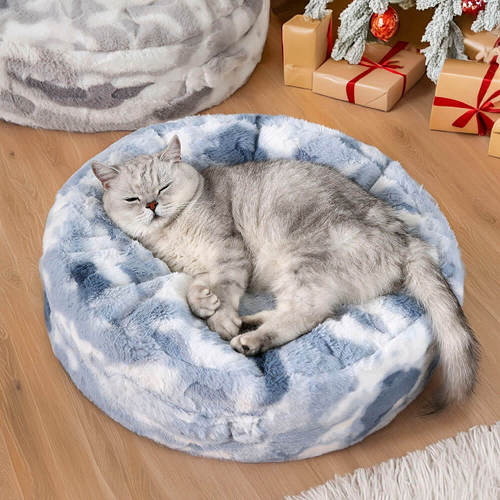 Cloudy Fluffy Calming Donuts Round Dog Beds, Blue - M