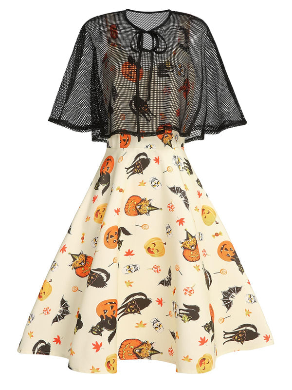 Halloween Pumpkin Cap Swing Dress Beige,XL