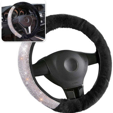 Zone Tech Faux Black Sheepskin Rhinestone Steering Wheel Cover
