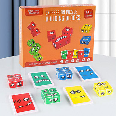 Wooden Expressions Matching Block Puzzle-Building Cubes Card Game