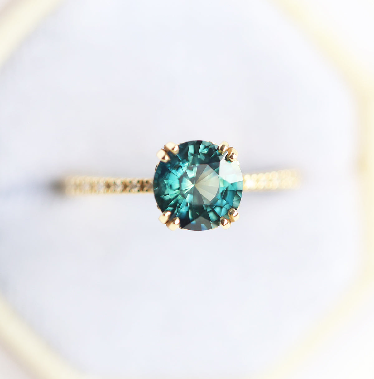 1.6Ct Round Teal Sapphire Engagement Ring, Sapphire Diamond Ring With Pave Diamond Band - platinum