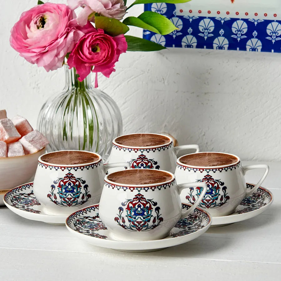 Karaca Nakkaş 8 Piece Porcelain Tea Cup and Saucer Set for 4 People, 210ml, Multi