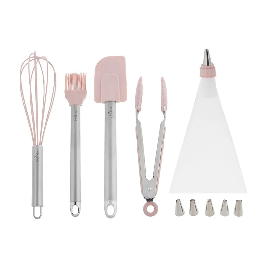 Karaca Eka 10 Piece Baking Utensil Set, Pink White Silver