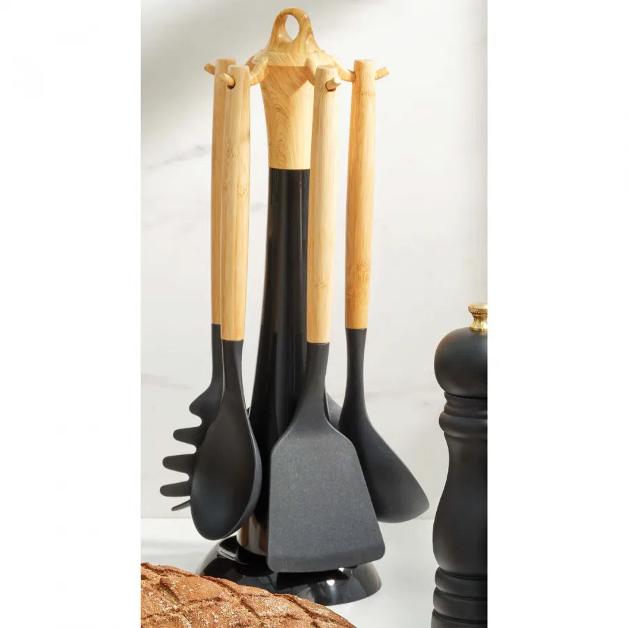 Karaca Woodland 5 Piece Bamboo Kitchen Utensil Set with Stand, Black