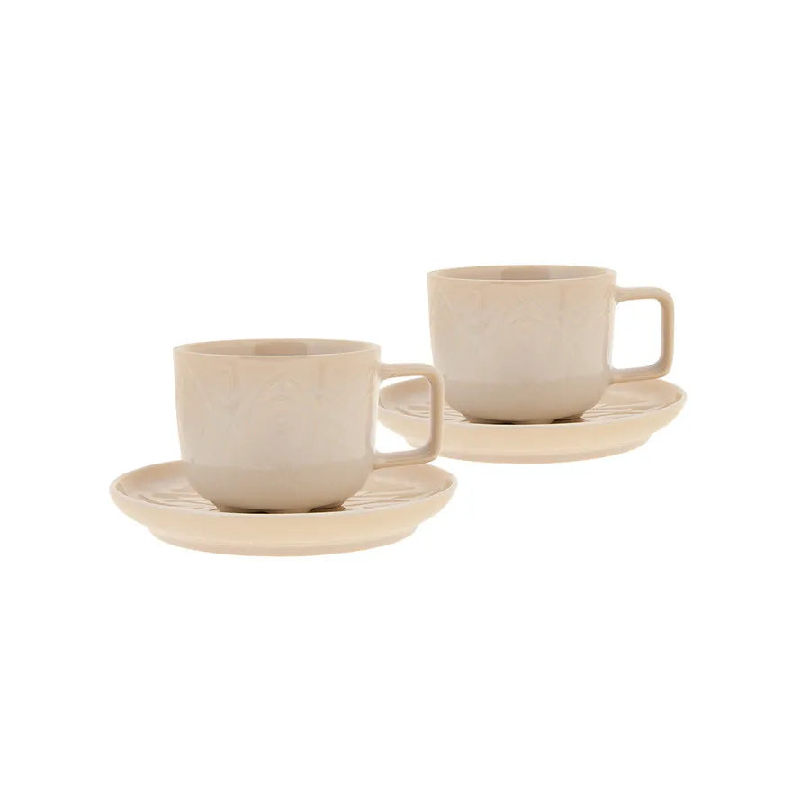 Karaca Vita 4 Piece Porcelain Tea Cup and Saucer Set for 2 People, 200ml, Beige