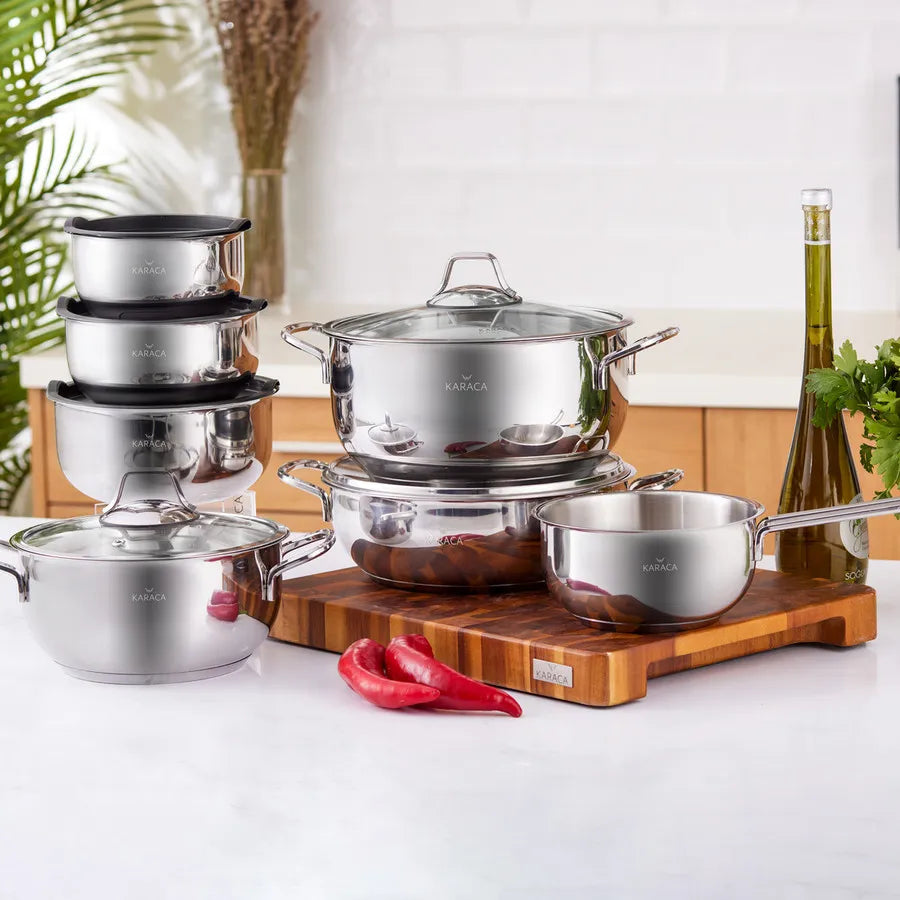 Karaca Pişir Sakla 13-Piece Stainless Steel Induction Cookware Set, Silver Black