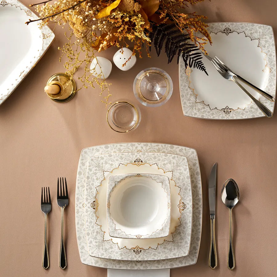 Karaca Mühür 60-Piece Fine Cream Dinner Set for 12 People, Multi
