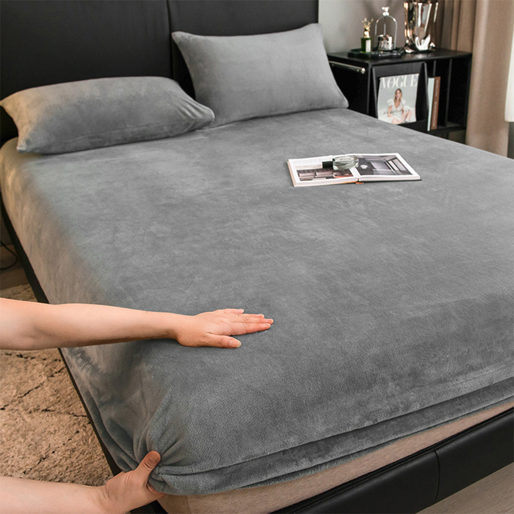 Milk Velvet Soft Fitted Sheet Mattress Cover, Grey - Pillowcases(2 pcs)