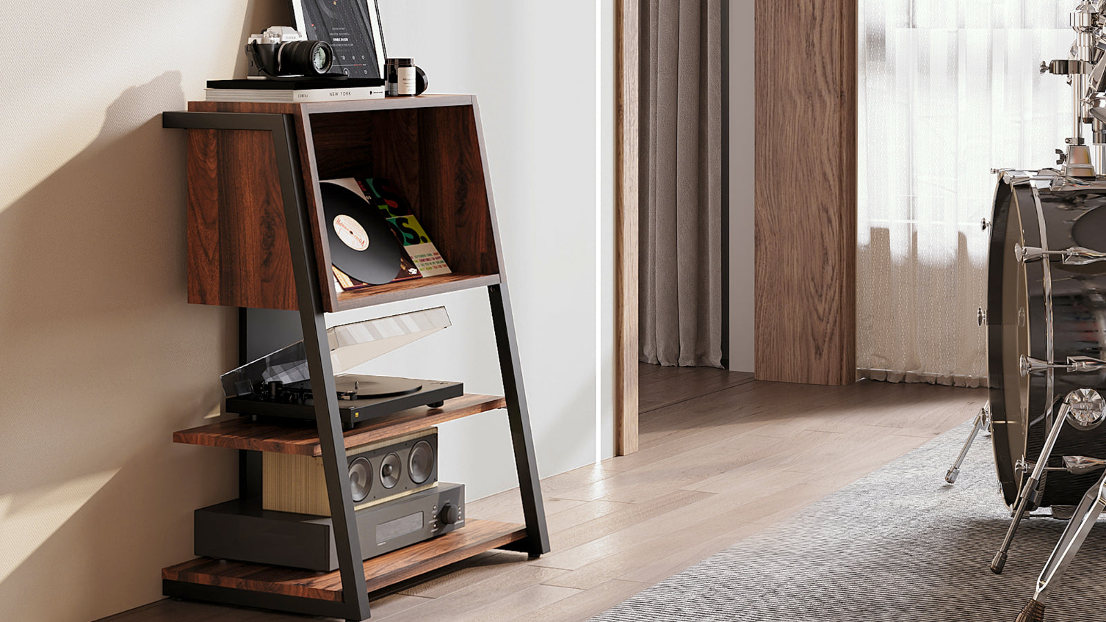 FENGE Bookcase, 4 Tier Open Bookshelf, Bookcases with Metal Frame Brown