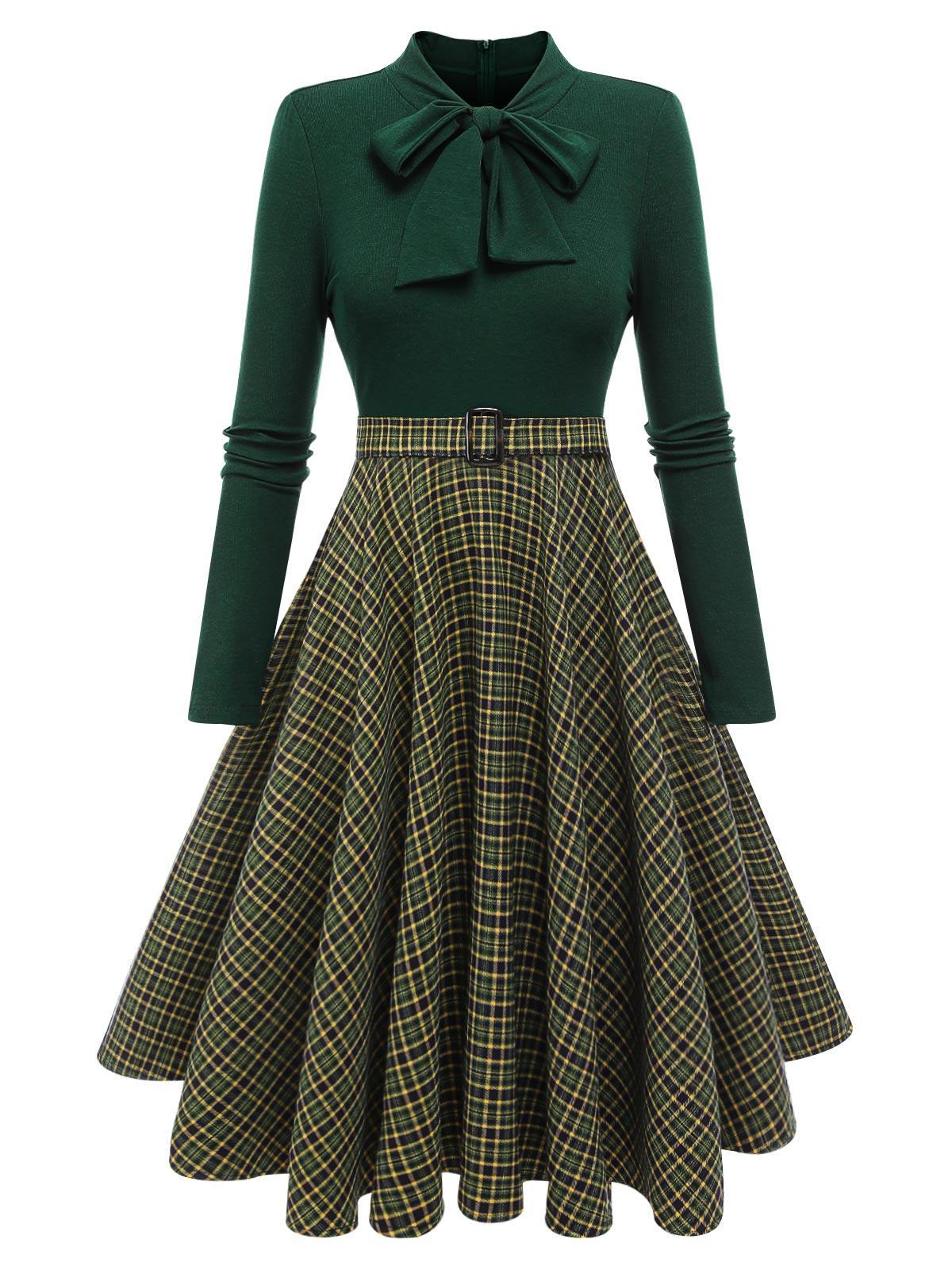 Retro Stage 1950s Plaid Knitting Swing Dress Dark Green, XL