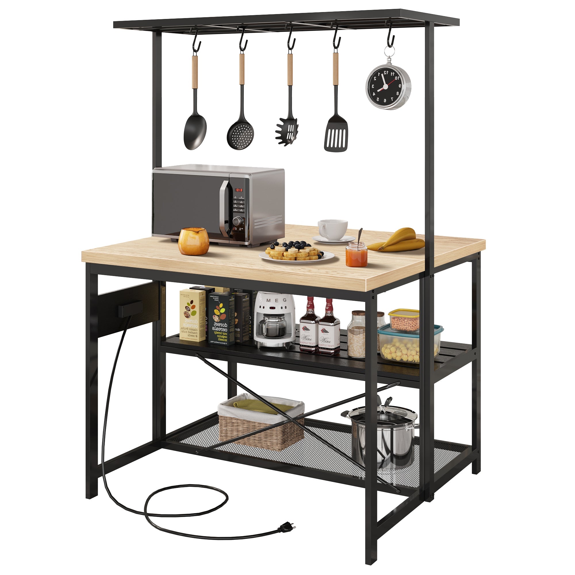 Garvee Kitchen Island with Storage, Bakers Rack with Power Outlet, Island Table for Kitchen,3 Tier Microwave Stand Oven Shelf,Large Coffee Bar Table, 