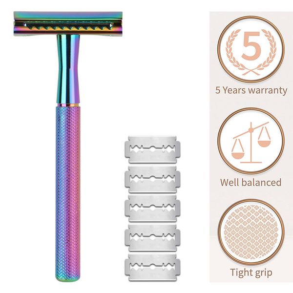 Razors Blades Double Edge Safety Razor Reusable Shaving Razor With 5 Shaving Blades Eco Friendly Metal Razor With Exquisite Handle Rainbow 2