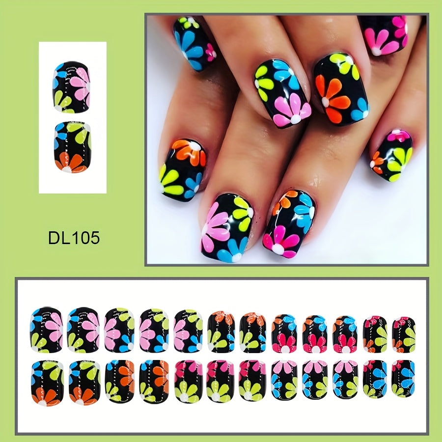 TEMU 24pcs Spring Floral Press On Nails - Black With Colorful Flowers, Short Square Glossy Fake Nails, Removable False Nails With Jelly Glue & Nail