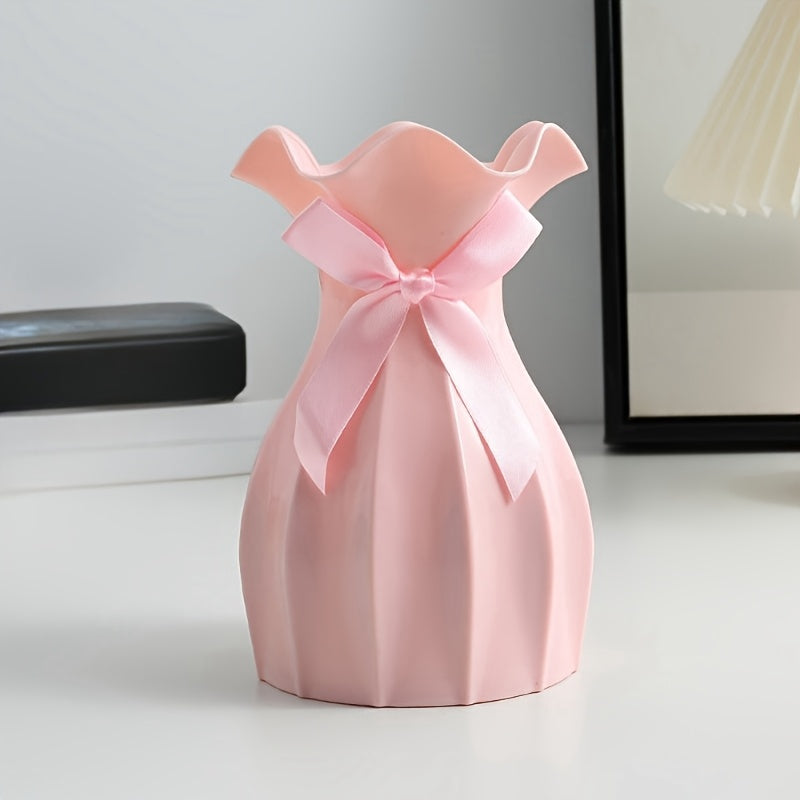 TEMU 1pc Elegant Unbreakable Vase - Pastel Plastic Flower Vase With Ribbon Accent, Dry Floral Arrangements, Ideal Gift For Valentine's Day &