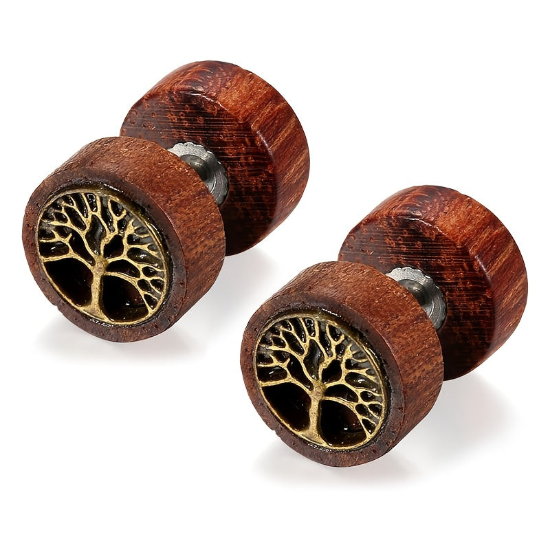 TEMU Tree Of Stud Earrings - Vintage Stainless Steel & Natural Of , Rustic Wood Grain Texture, Comfortable Everyday Piercing Earrings For , Christmas
