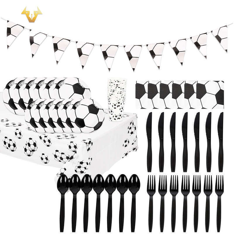 Black and white football themed set, paper cups, plates, tissues, tablecloths, party decorations