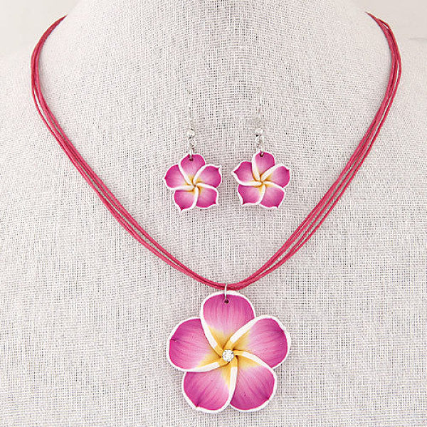 Flower Polymer Clay with Wax Cord Pendant Necklaces & Dangle Earrings Sets