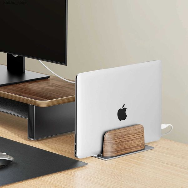 Cell Phone Mounts Holders Vertical Stand Desk Walnut Wood and Aluminium Laptop Holder for All MacBook Surface HP Dell J241217