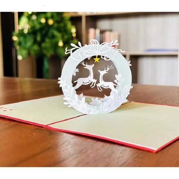 10pcs Circular Christmas Deer Origami 3D Pop UP Greeting Card Invitation Baby Shower Wedding Birthday Xmas Party Souvenirs Gift 250120