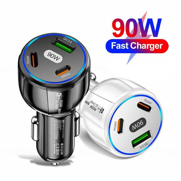 3 Ports Car Charger 90W PD USB Fast Charging Mobile Phone in Car Charge Cigarette Lighter Adapter Type C Car Phone Chargers With Retail Pack