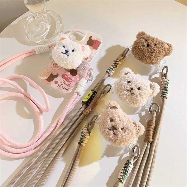 Cell Straps Charms Ins Korean Cute 3D Plush Fur Bear Clip Adjustable Crossbody Strap Phone Bracelet Anti-Lost Lanyard Jewelry Girl J241108