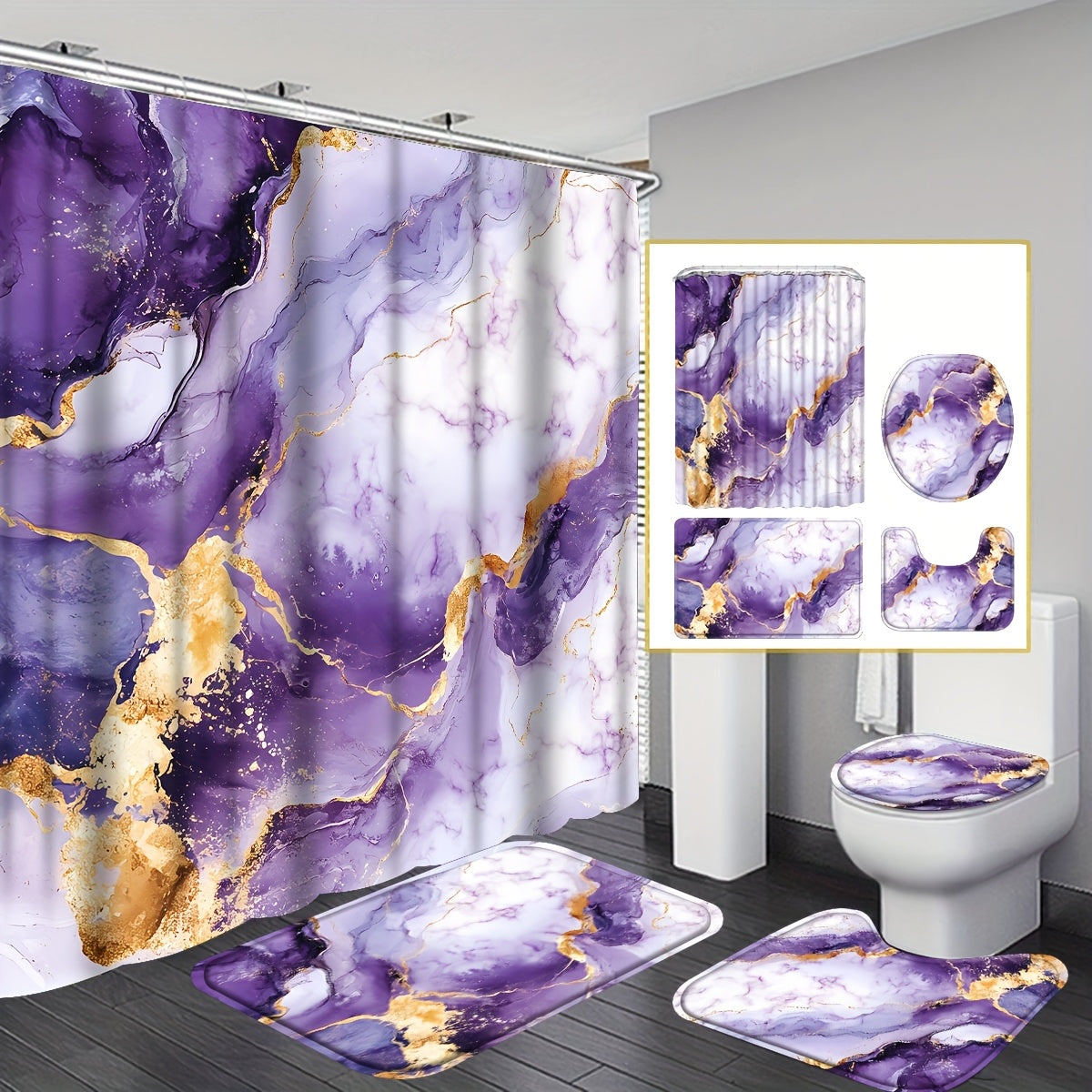 TEMU 4pcs Purple Curtain, Abstract Marble Shower Curtain For Bathroom, Waterproof Fabric Shower Curtain Set With 12 Hooks, Machine Washable Non-slip