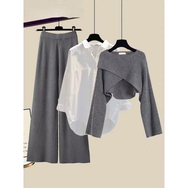 Winter 3 peças conjuntos de roupas femininas Office Office Ladies Sweater de malha irregular elegante +camisa +calça de perna larga Conjunto