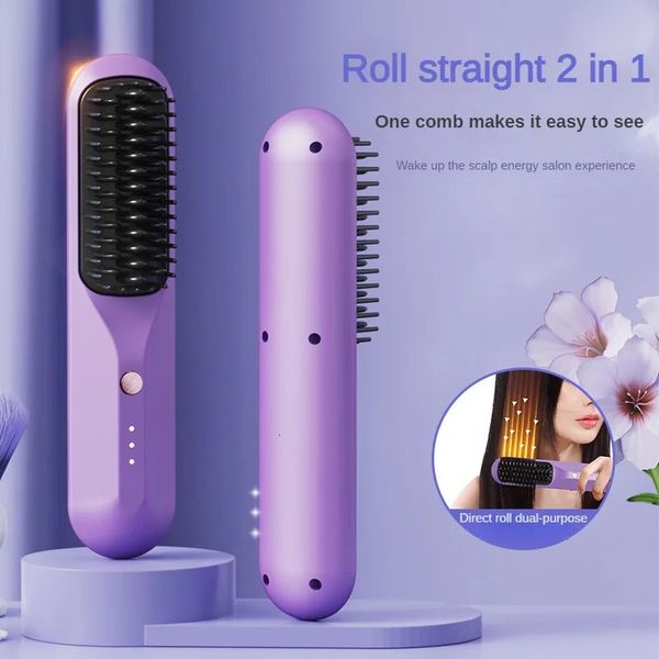 2 in 1 Wireless Straightener Curler Comb Dryer and Straightening Brush 2600mAh Styg Appliance Hair Crimper 240306
